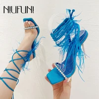 niufuni 2022 roman feather rhinestone square toe womens sandals silk crystal stiletto heels sandals catwalk party shoes fashion