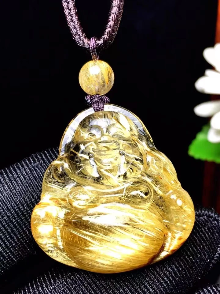 

Natural Gold Rutilated Quartz Buddhism Pendant Necklace Brazil 27*26*8mm Gold Rutilted 18K Gold Women Men Jewelry AAAAAAA