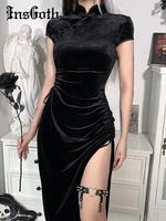 insgoth vintage velvet black midi dress goth sexy cut out ruched party dress aesthetic high waist split dress elegant cheongsam