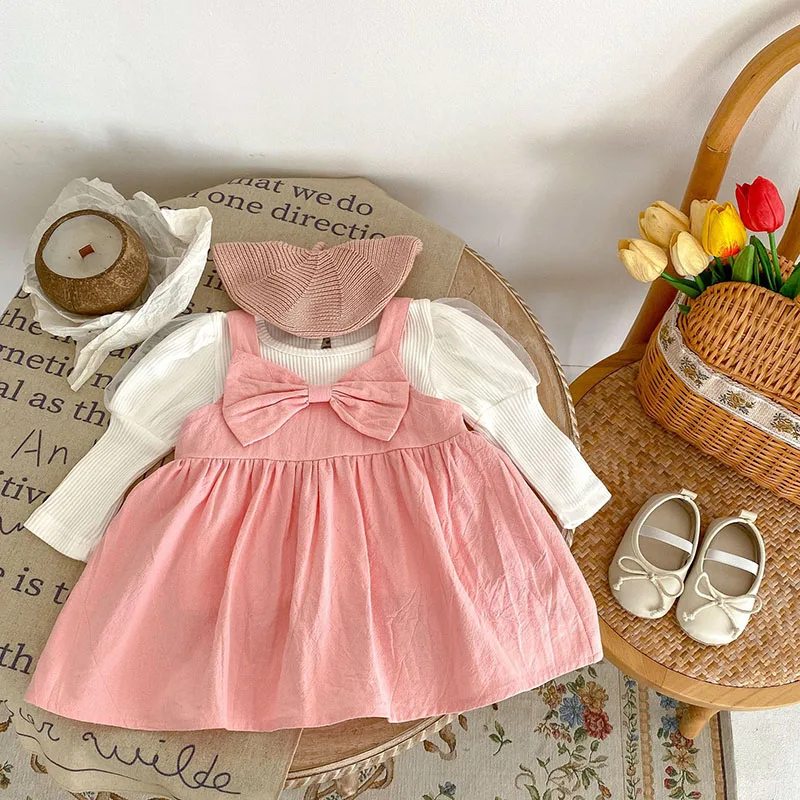 

MILANCEL Baby Clothing Set Puff Sleeve Blouse Pink Bow Dress 2 Pcs Girls Suit