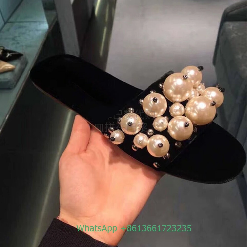 

2023 New Pearl Flat Sandals Open Toe Black/red Slippers Women Summer Outerwear Sandals Flat Heel Slip-On Fashion bling Slides