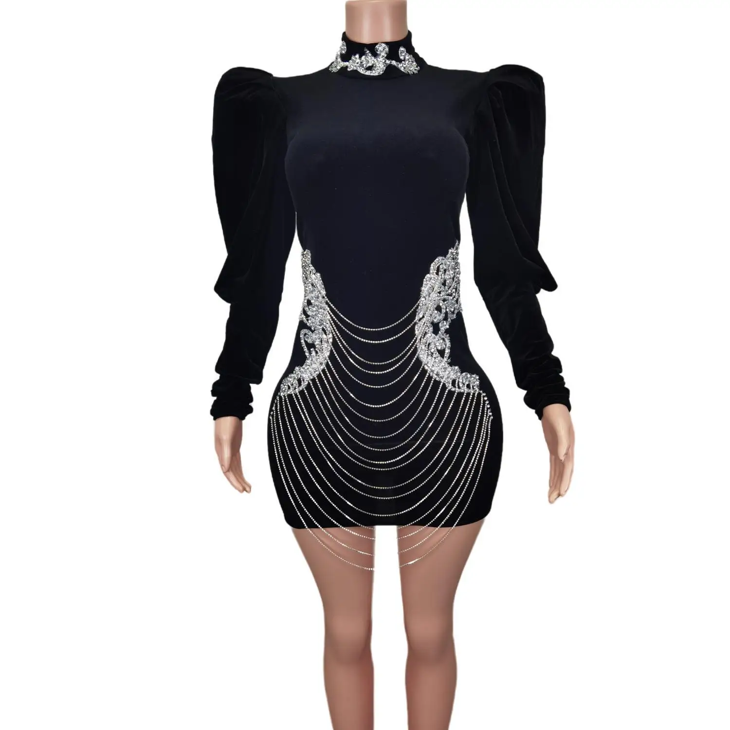 Блестящее женское платье с длинной юбкой бархатное вечернее пышными рукавами