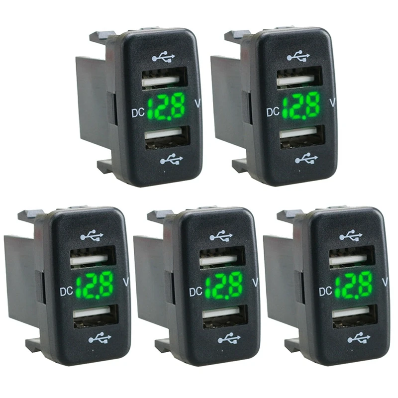 

NEW-5X Car Charger Socket Dual USB Port Charging Volt Display Adapter Fit For Toyota Green