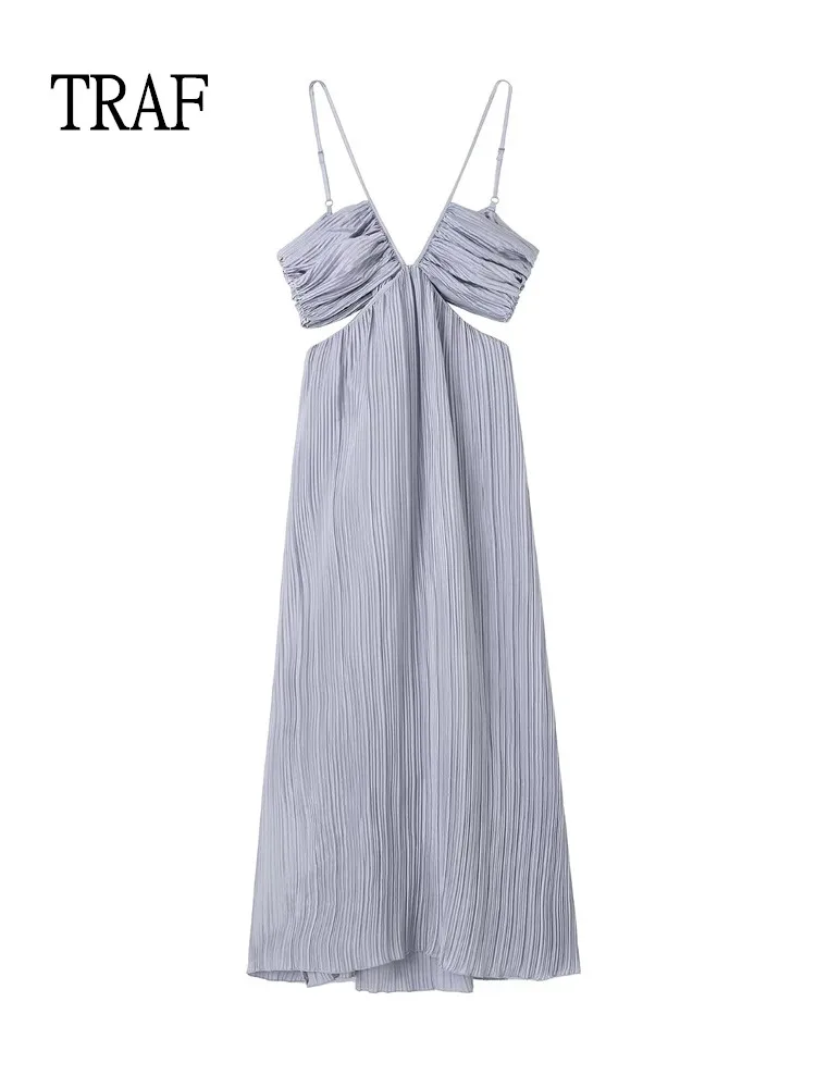 

TRAF Slip Dress Women Sexy Off Shoulder Backless Dress Summer Woman Back Fashion Bow Elegant Pleated Dresses Ladies Dress 2022
