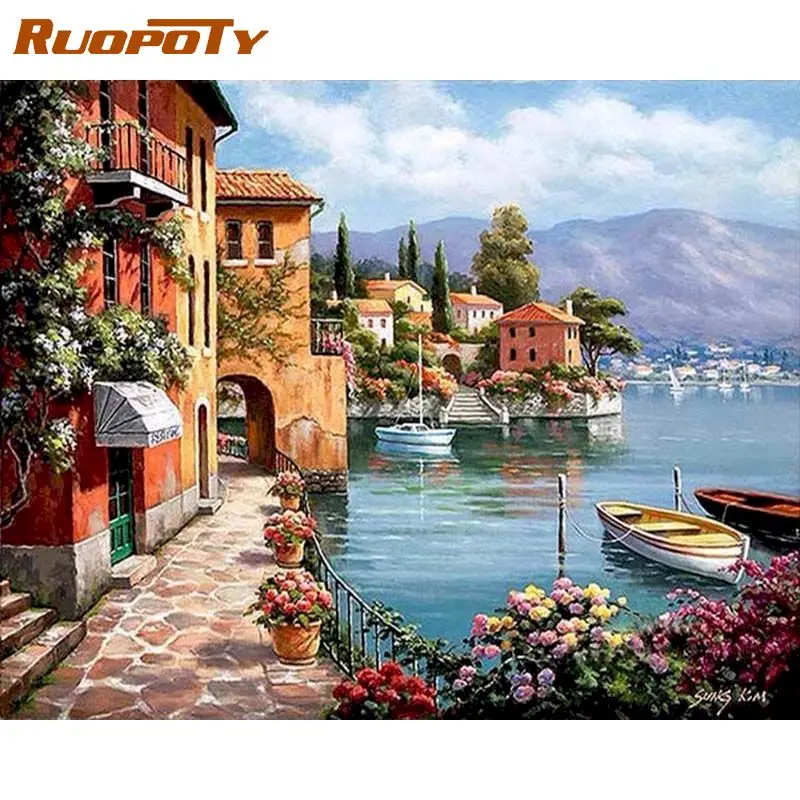 

RUOPOTY Oil Painting Scenery Drawing On Canvas HandPainted Art Gift DIY Picture By Number Seaside house Kits Home Decoration
