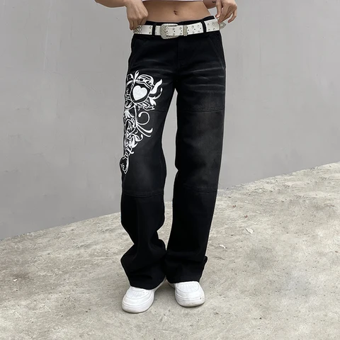 Harajuku printed Cargo Jeans Y2K Dark Blue brown High Waist Streetwear 90S Baggy Jeans Women Pants Straight wide leg jeans