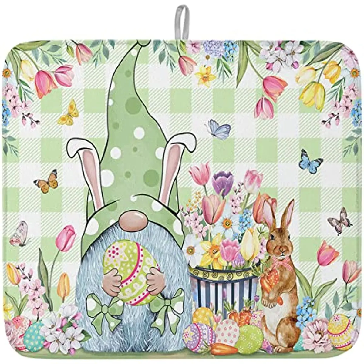 

Dish Drying Mat Kitchen Counter, Easter Drain Rack Mat Microfiber Absorbent, Gnome Easter Eggs Bunny Tulip Flowers Green Plaid