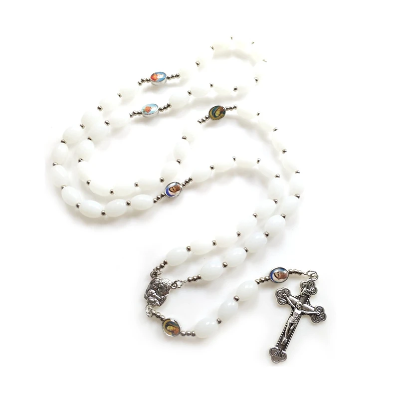 

QIGO Catholic White Glass Beads Strand Cross Necklace Jesus Religious Jewelry For Men Women