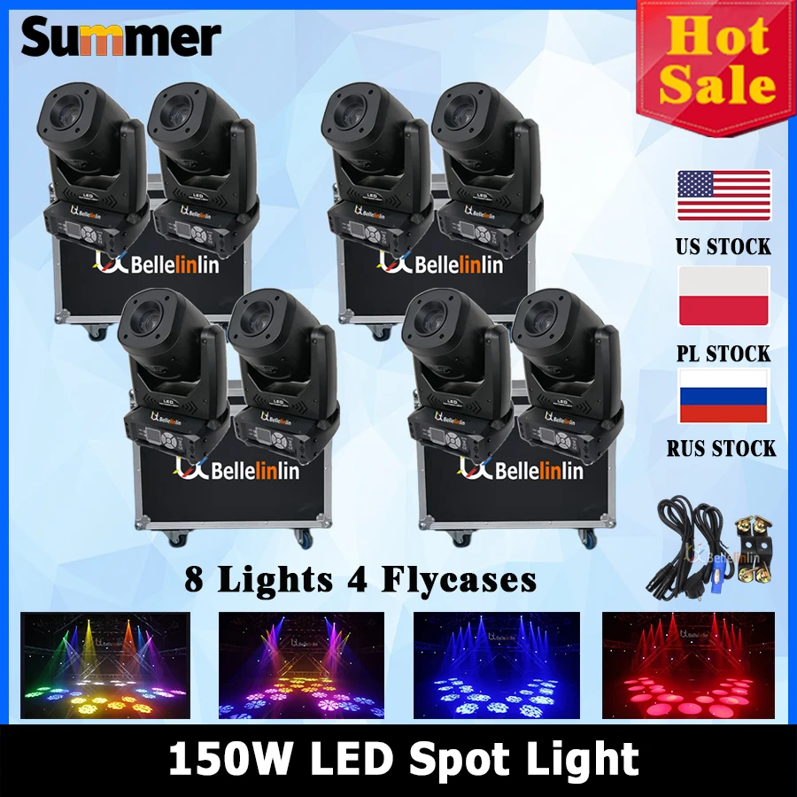 

8pcs Professional Stage dj disco pro Light Flycase With 150w spot moving head led 150w led moving head with 2 gobos Scenic light