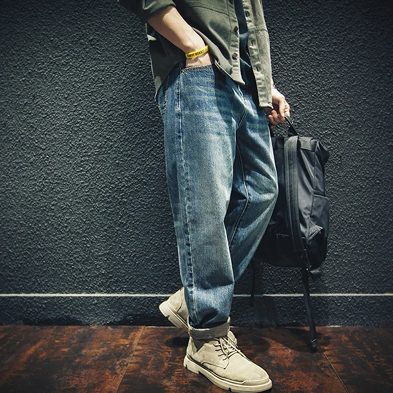 Streetwear Men 2022 Fashion New Pattern Vintage Recreational Blue Jeans Loose Straight Cylinder Broad Leg Trousers Autumn Female