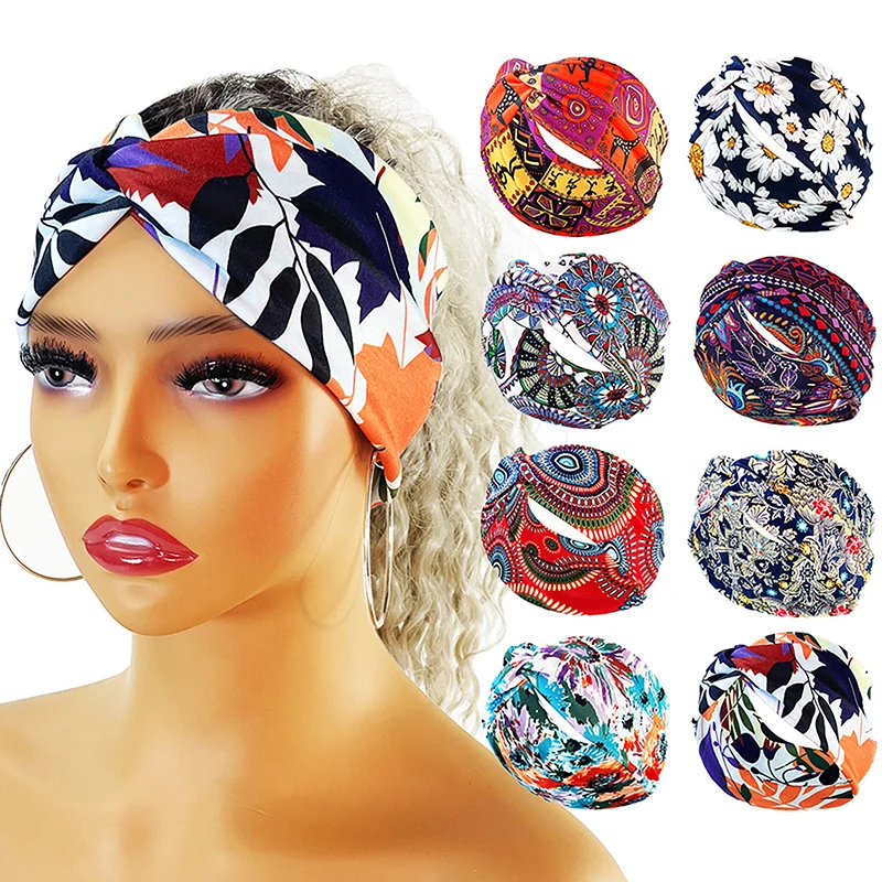 

Fashion New Printed Knot Head Bands Innovative And Practical Sports Sweat-absorbing Elastic Headband Ultra Wide Large Hair Band