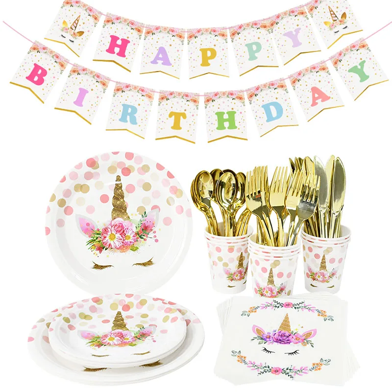 

Unicorn Disposable Tableware Set Paper Plates Cups Napkin Kids Girl Birthday Baby Shower Favor Decoration Unicorn Party Supplies