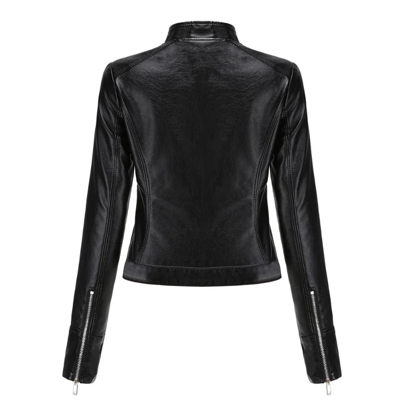 Thin Leather Short Coat Spring and Autumn Stand Collar Leather Jacket Women enlarge