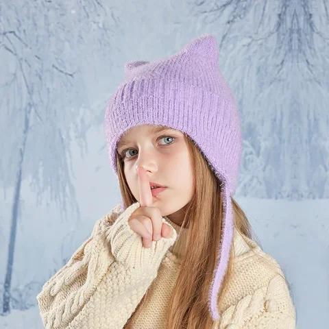 Вязаная шапка, зимняя детская шапка с защитой ушей, милая шапка с кошачьими ушками, шерстяная плюшевая морозостойкая теплая шапка-ведро для мальчиков и девочек, шапки