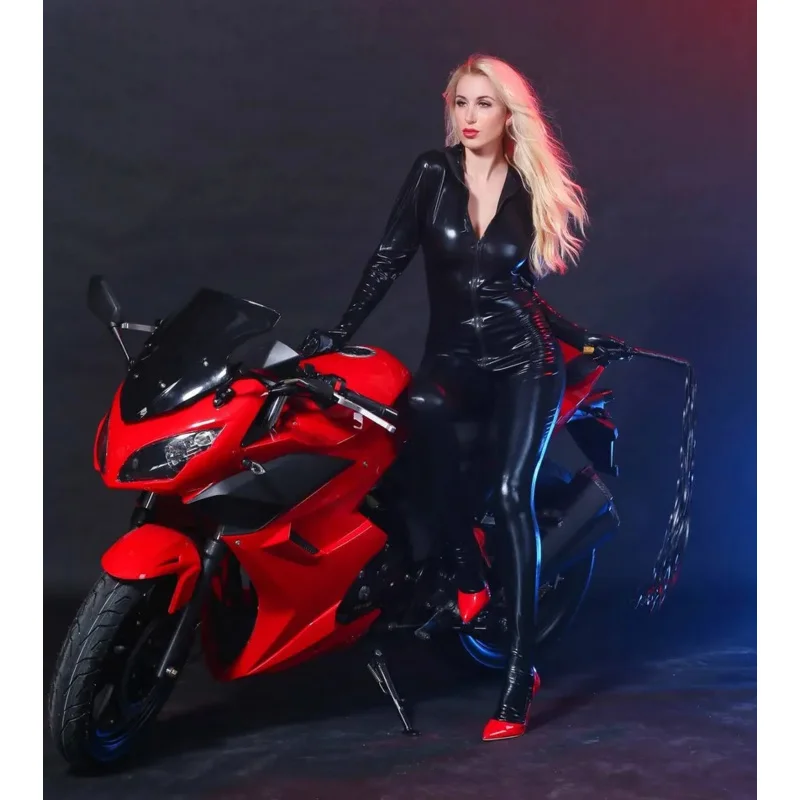 Женский сексуальный лакированный кожаный латексный комбинезон с молнией до