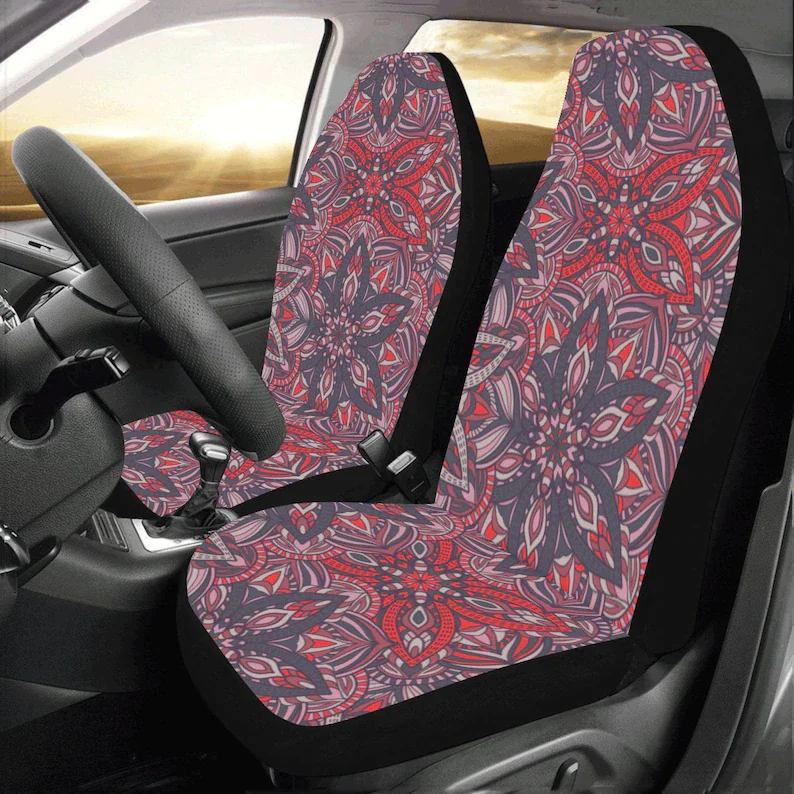 

Red Bohemian Car Seat Covers 2 pc, Tribal Indian Pattern Boho Mandala Oriental Art Front Seat Covers, Car SUV Seat