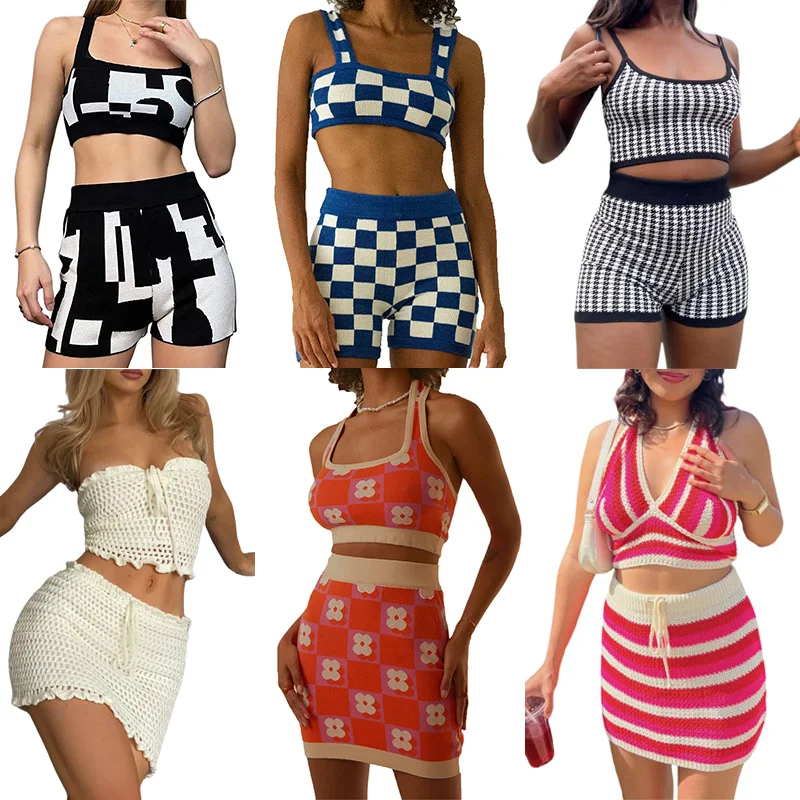 Женский трикотажный комплект из 2 предметов винтажный клетчатый укороченный топ