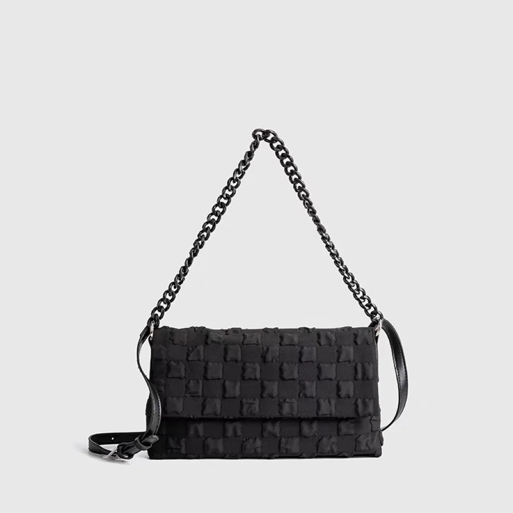 

Women Shoulder Bag 2022 Polyester Purses and Handbags Female Shopper Fashion Solid Color Plaid Acrylic Chain Baguette Bag