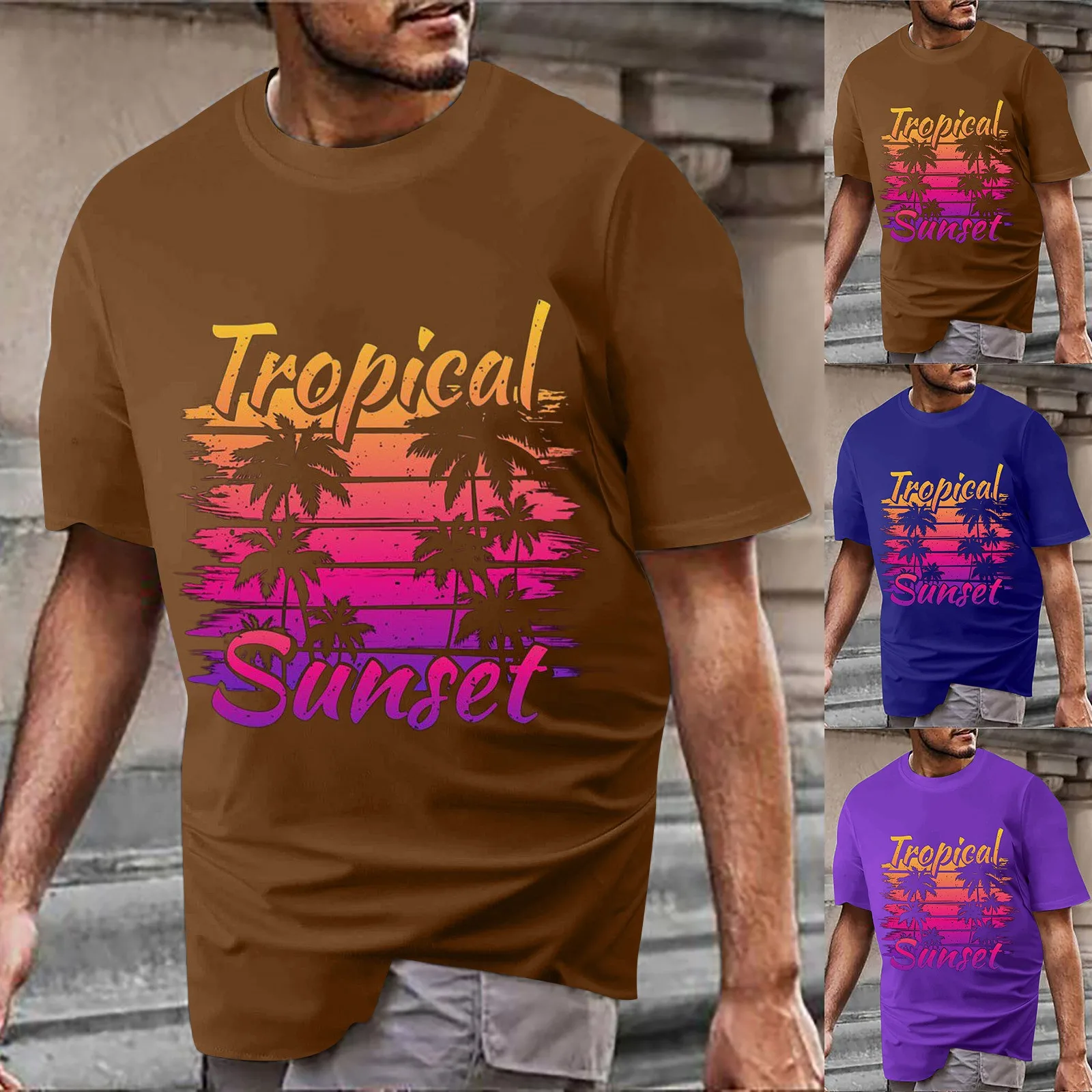 

T-Shirts Man Mens Clothes Tropical Print Summer O-Neck Short-Sleeve Tee Tops American Vintage for Male Loose Tee Shirt Camiset