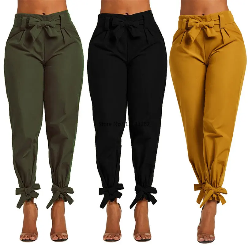 2023 women new summer bow sashes high waist pencil pants vintage fashion long trousers 3 colors