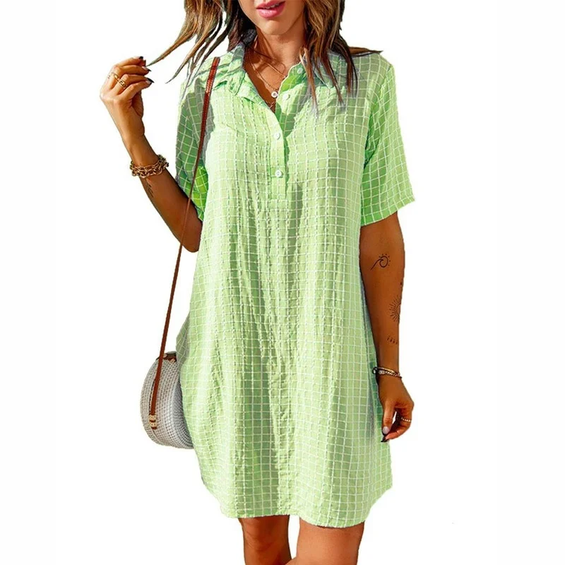 

2022 Summer Plaid Midi Dresses Casual Loose Turn Down Collar Button Short Sleeve Women's Shirt Dress Green Fashion Clothing