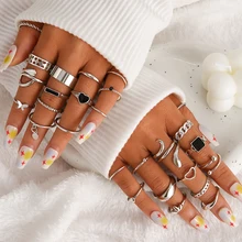 27pcs/Set Vintage Silver Color Geometric Rings For Women Black Square Heart Snake Hollow Rings Set Party Trendy Jewelry Gifts