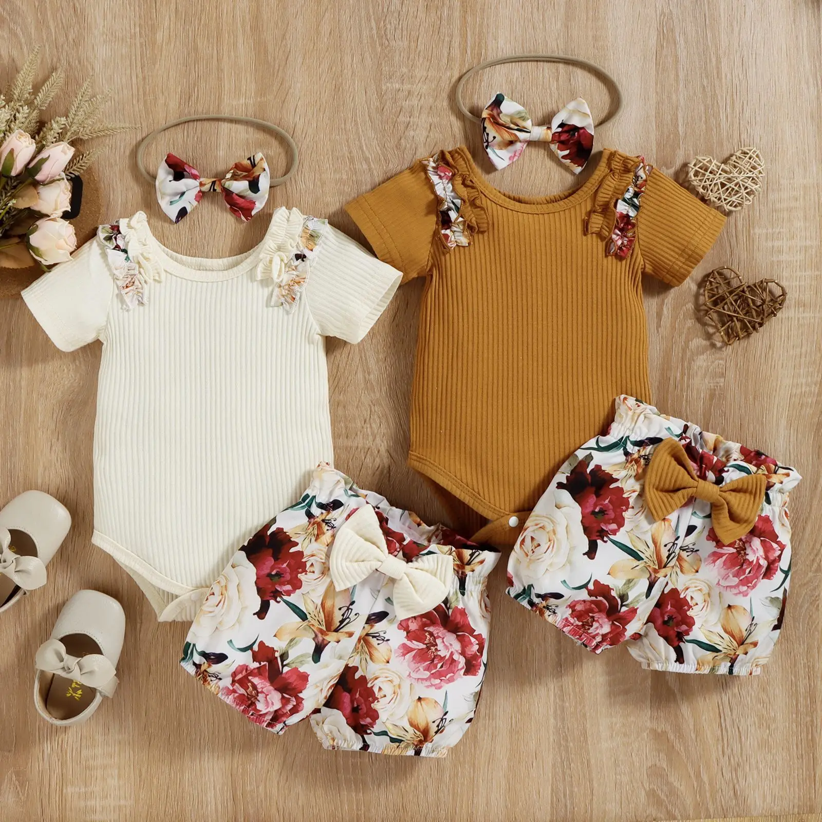 Lovely Newborn Baby Girls Clothes Sets 0-18M Cotton Pit Cotta Top+ Printed Shorts Bow + Headband Summer Infant Toddler Suit 3Pcs