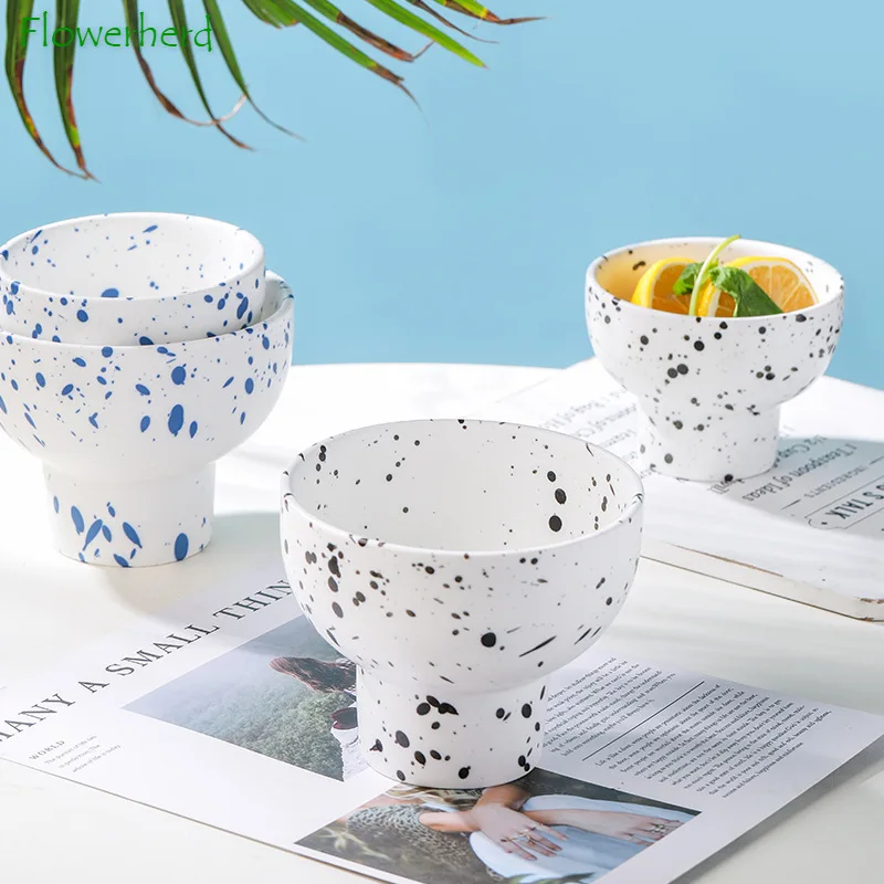 

Nordic Bowl Cute Creative Ice Cream Bowl and Plate Household Ceramic Rice Bowl Splashing Ink Yogurt Salad Dessert Bowl