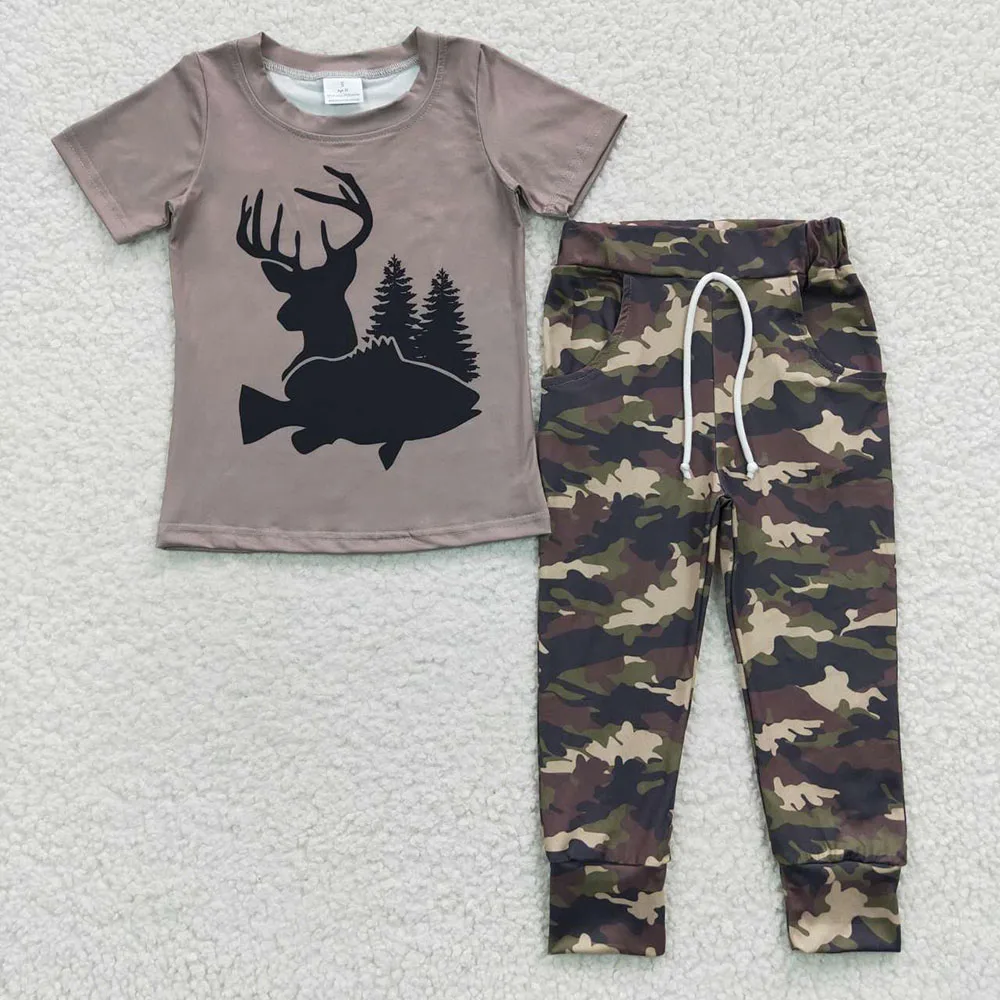 

Wholesale Baby Boy Kid Short Sleeves Hunting Shirt Reindeer Fish Set Toddler Outfit Children Pocket Camo Pants Two Pieces