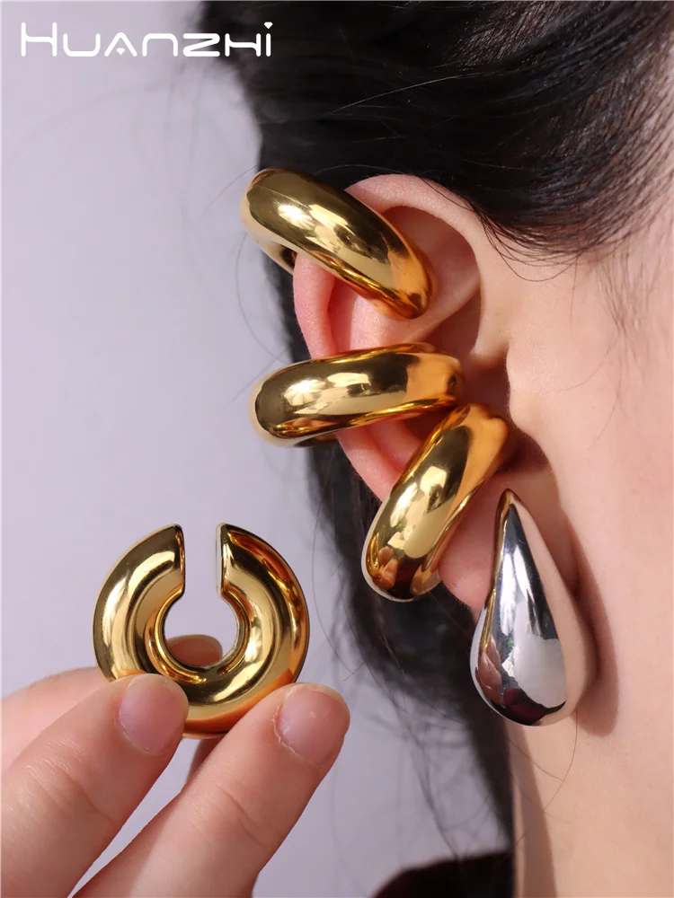 HUANZHI Stainless Steel Thick Cylindrical Tube Hollow Earrings for Women Ear Clip Chunky Metal Geometric Round Fashion Jewelry