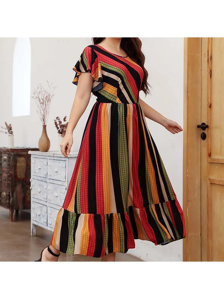 Middle East large print dress 2022 Europe and America new red elastic waist dress for women plus size feminino