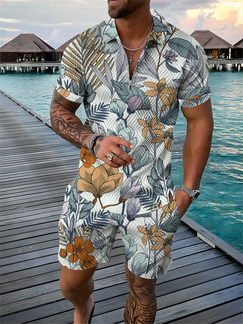 2023 Men's Short Sleeve Shorts Set Flower 3d Print Fashion Lapel Zipper Loose POLO Short Sleeve Two-piece Size S-3XL