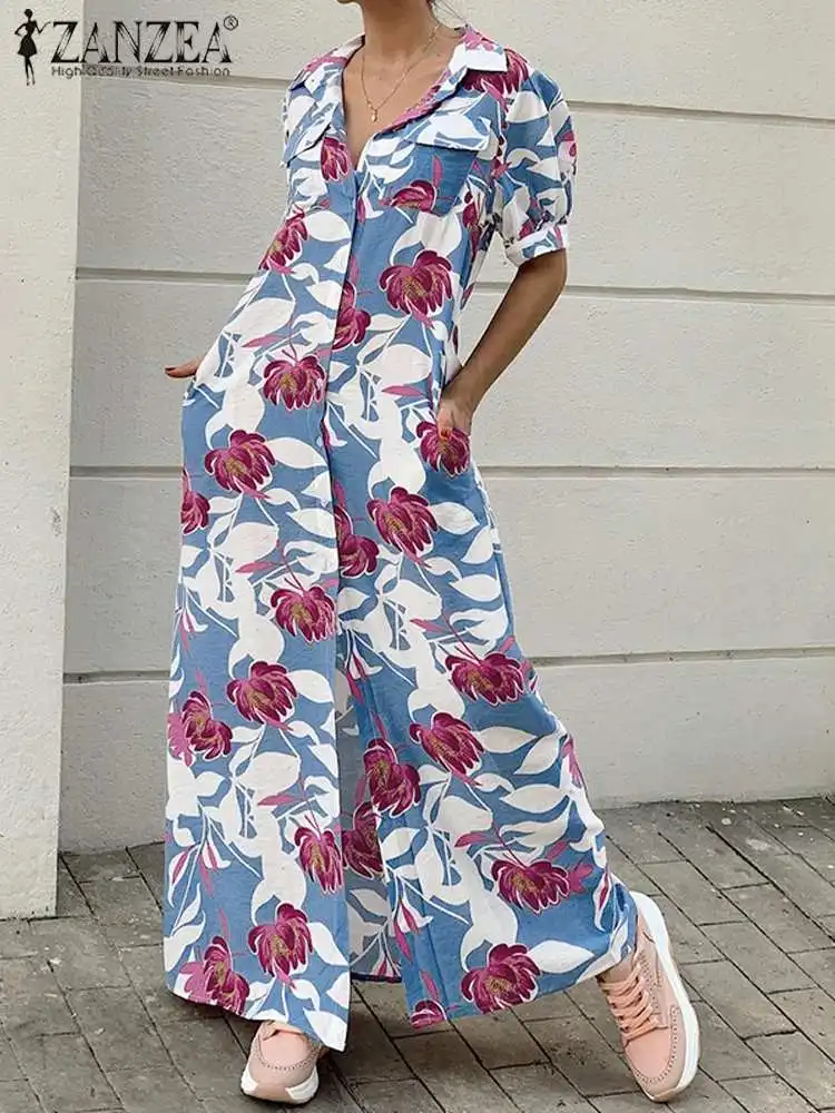 

Women French Elegant Shirt Kaftan 2022 Summer Bohemian Maxi Dress Holiday Long Sundress ZANZEA Vintage Floral Printed Robe Femme