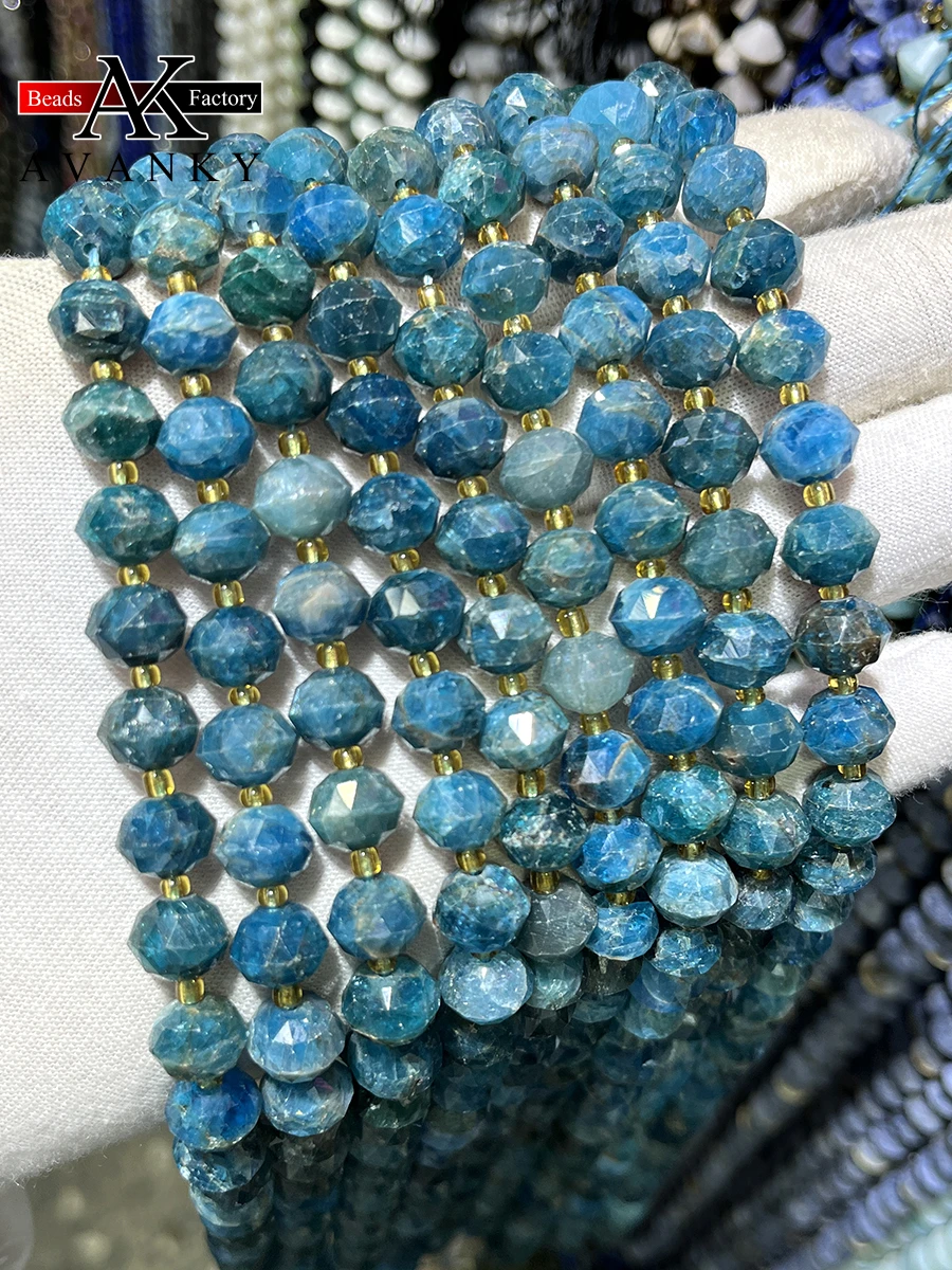 

Natural Blue Apatite Crystal Round Stone Lantern Beads Faceted Loose Spacer For Jewelry Making DIY Necklace Bracelet 15'' 10MM