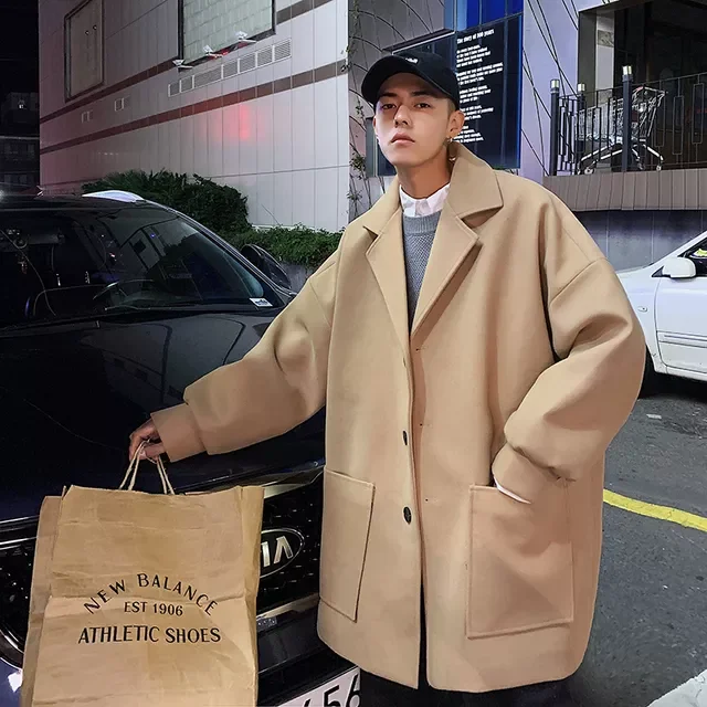 

NEW IN Men Korean Fashions Wool Trench Coat 2022 Overcoat Mens Japanese Streetwear Winter Coat Harajuku Khaki Jackets Coats