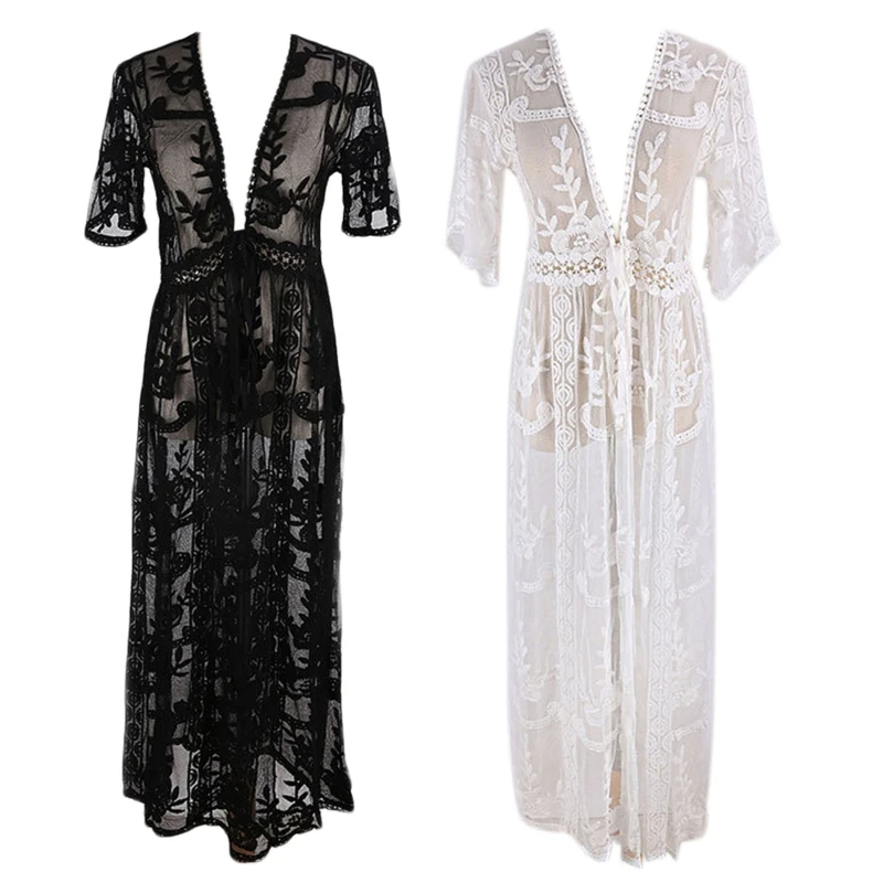 

H9ED Elegant Lace Sheer Cardigan w/ Drawstring Beach Caftan Women Girl Long Bathing Suit for Summer Water Park Universal Size