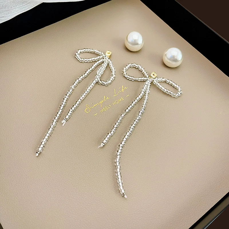 

VSnow Luxury White Simulation Pearl Tassel Dangle Earrings for Women Exaggerated Beaded Bow-knot Transparent Earings Jewelry