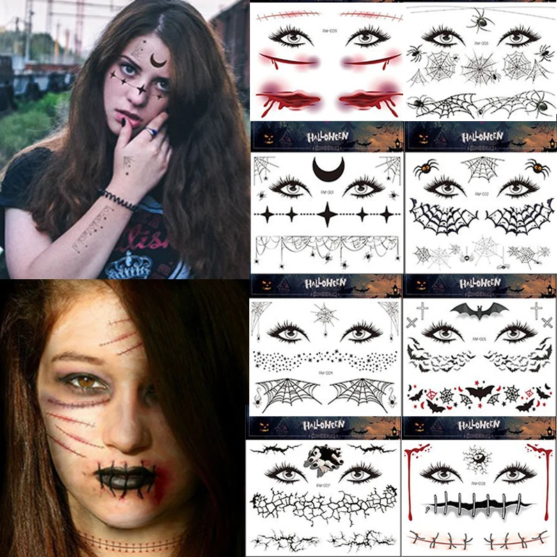 

1PC Waterproof Temporary Tattoo Sticker Halloween Scary Spider Bat Web Scar Face Tattoo Sticker DIY Halloween Party Decoration