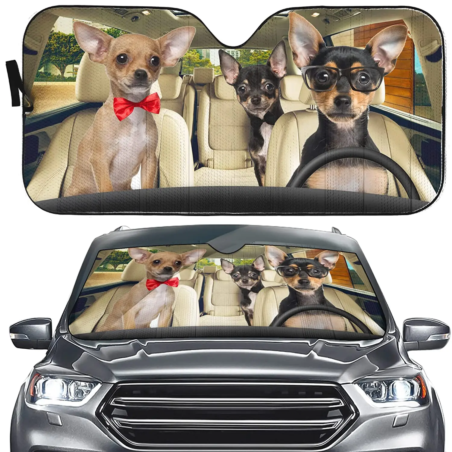 

Chihuahua Dog Driving Car Sunshade Windshield Sun Shade Universal Fit Car Sunshade-Keep Your Vehicle Cool,SUV Front Window Pet D