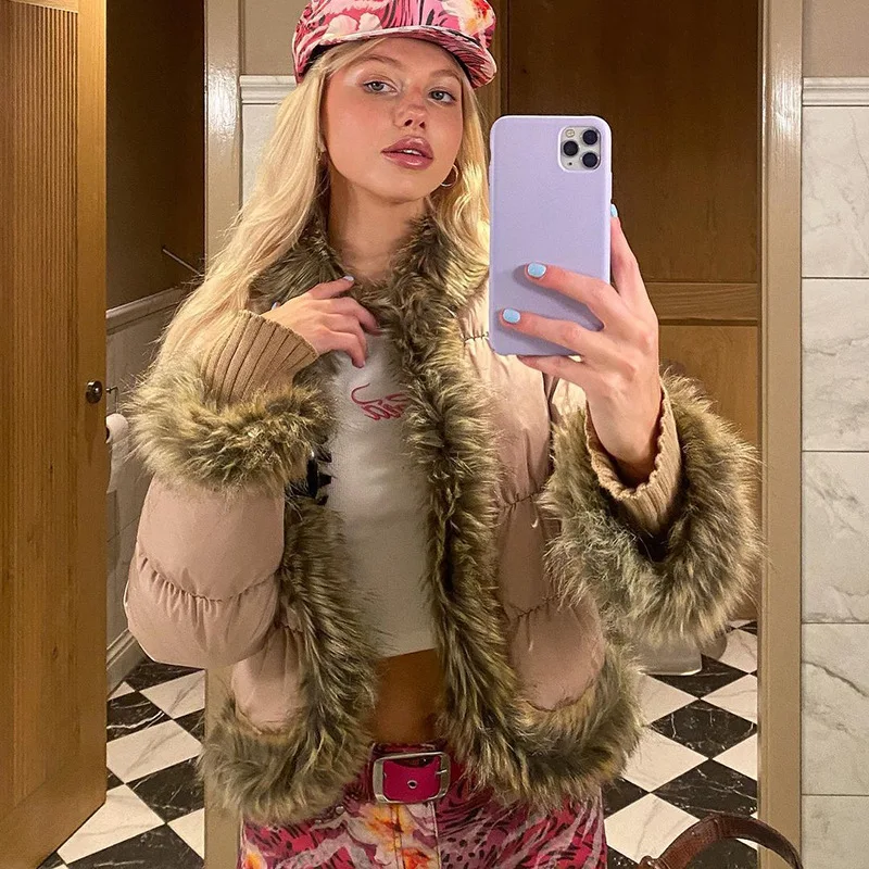 Women's 2022 Autumn and Winter New Style Solid Color Fashion Casual Fur Collar Cardigan Pleated Long-sleeved Slim Cotton Coat