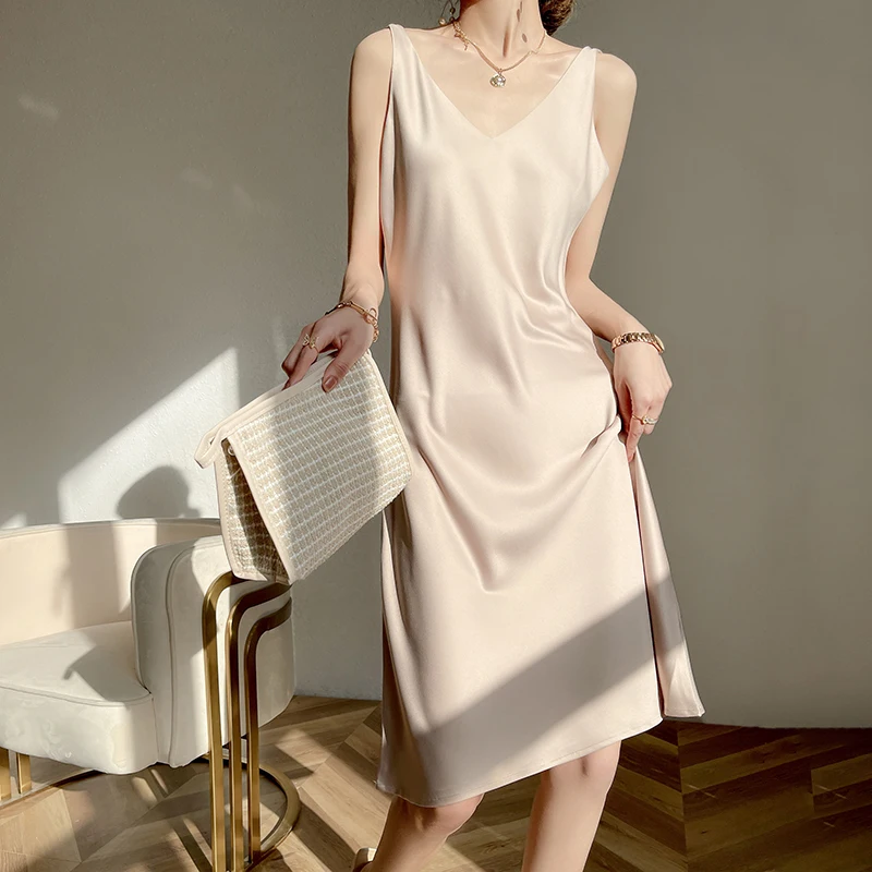 

Женское шелковое атласное платье средней длины, элегантное однотонное платье на бретелях с V-образным вырезом, весна-лето