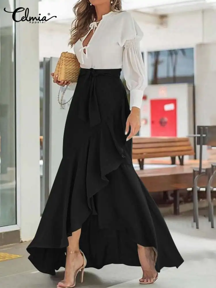 

Celmia Asymmetrical Fishtail High Waist Skirt Fashion Women Ruffles Skirts 2023 Casual Loose Belted Maxi Skirt Party Long Skirts