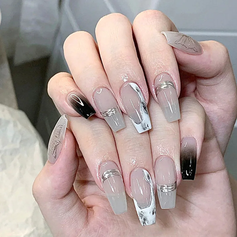 

Cold Gray Gradient Color Wear Armor Long Butterfly Jelly Glue Nail Tips Marbling Finger Fake Nails Removable Nail Art