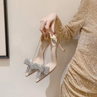 2022 summer new high heeled shoes womens stiletto pointed rhinestone bow champagne gold bridal wedding shoes banquet shoes