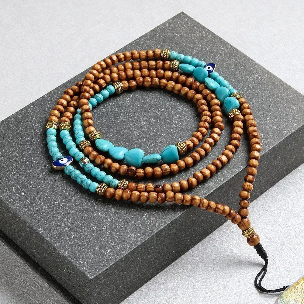 

Массивное ожерелье с цепочкой из голубых камней, украшенной искусственными бусинами в стиле бохо, этнический панк, деревянные бусины, кисточки, многослойное модное ожерелье