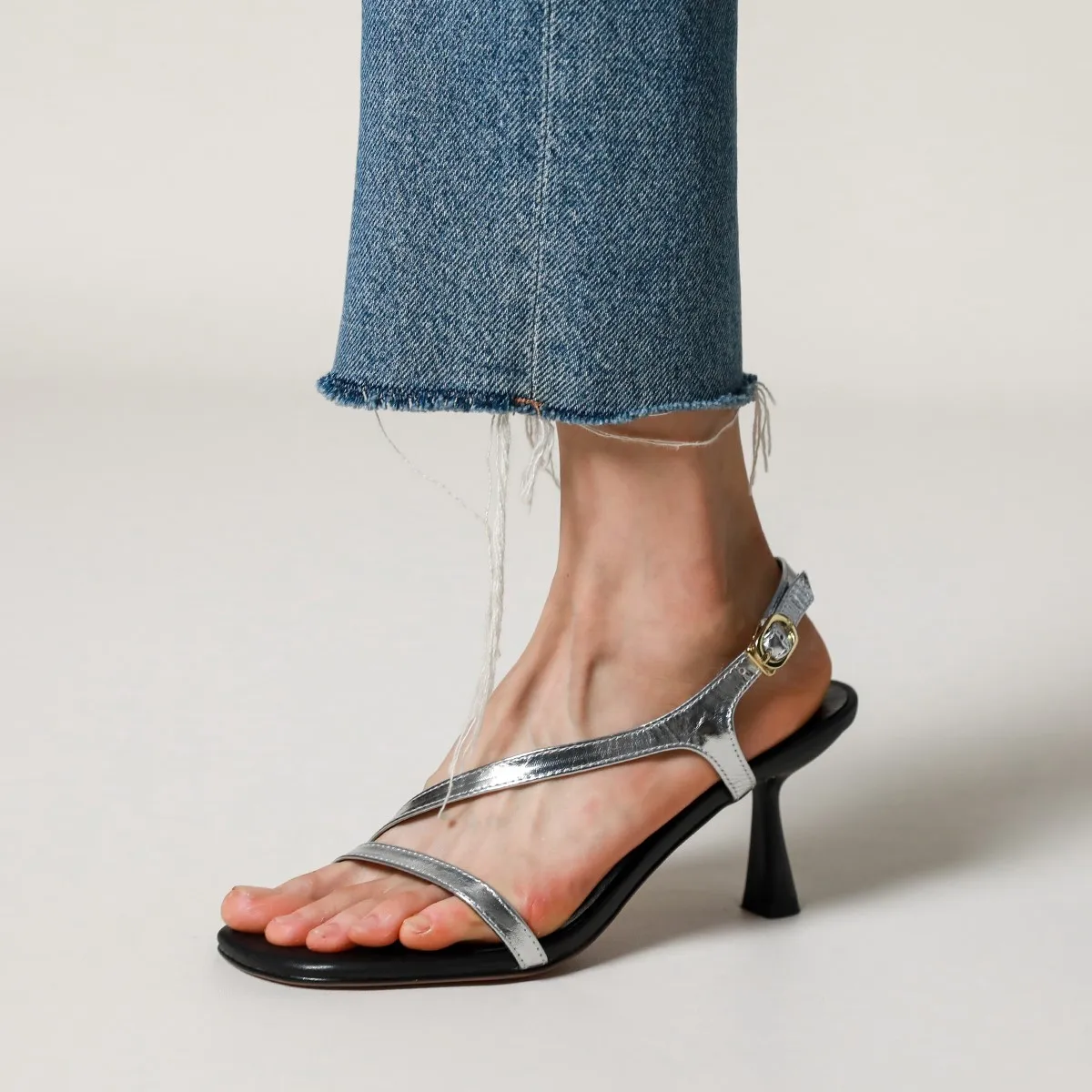 

Summer Sandals Thin Heel Shoes For Women Silver Concise Pumps With Buckle Cowhide Narrow Band Ladies Shoes