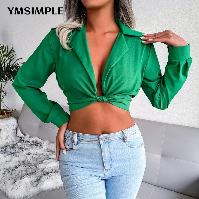 

New 2022 Spring Summer Notched Tie Knot Crop Top Long Sleeve Blouses Women Clothing Fashion Short Shirts Chic Tops Green Black