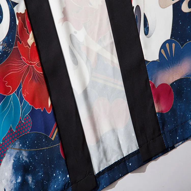 Crane Print Men 3/4 Sleeve Kimono Tao Robe Casual Cardigan Couple Rayon Hanfu Summer Chinese Underwear Home Bathrobe Shirts Coat