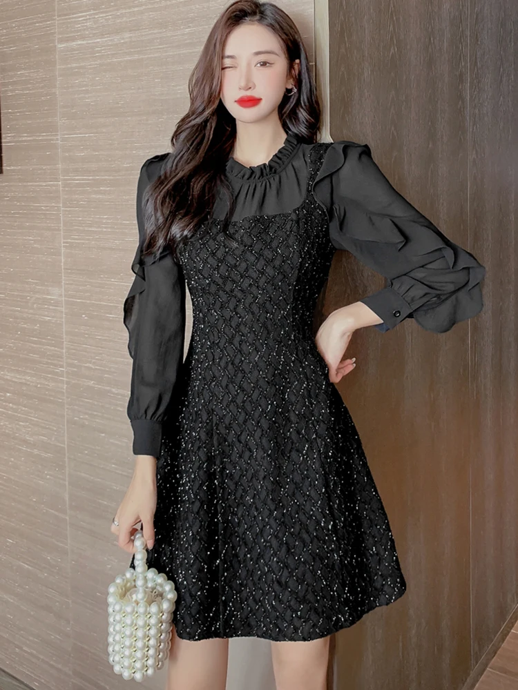 

Autumn Winter Black Jacquard Ruffled Long Sleeve Party Dresses 2023 Casual Women Korean Vintage Elegant Chic Prom Night Vestidos