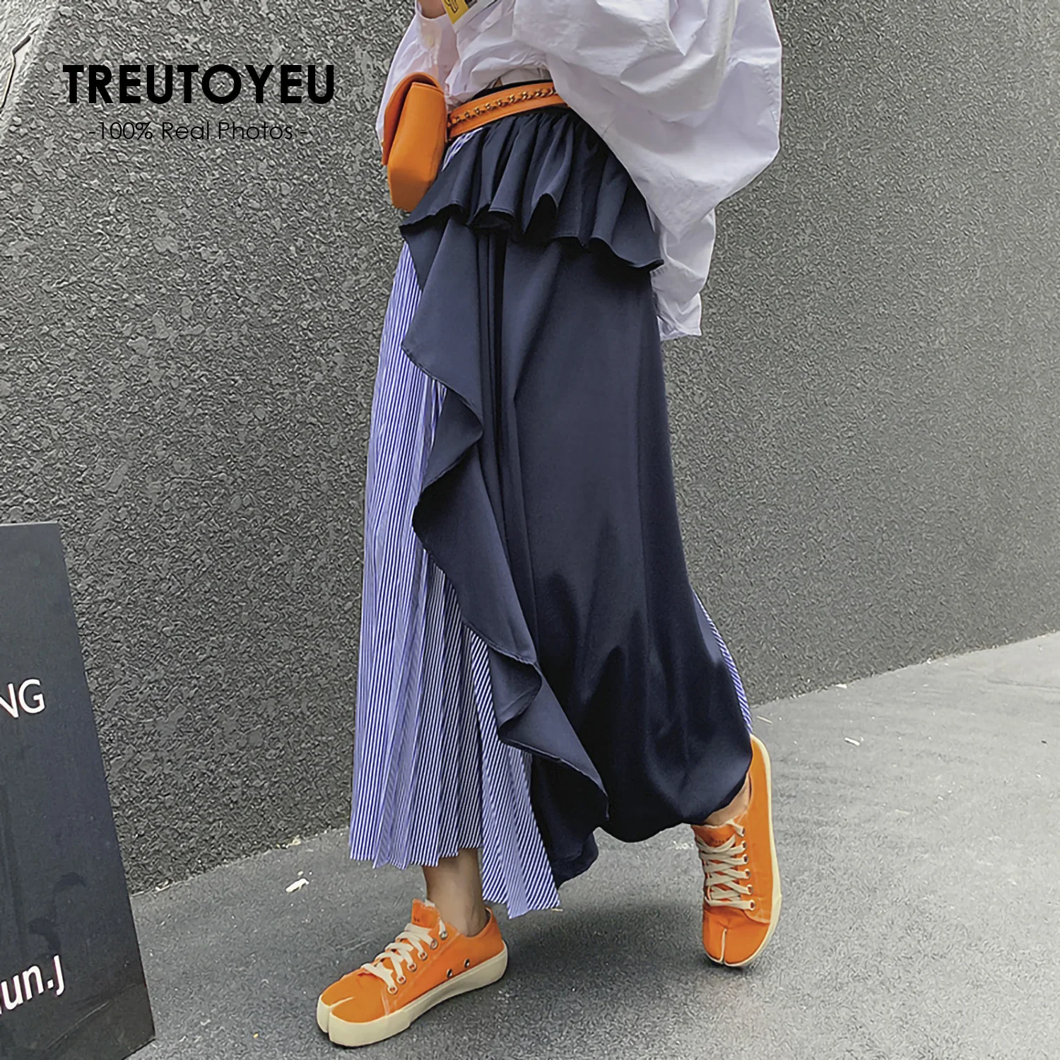 Korean Style Pleated Skirt Maxi Long Skirts for Women Black and Blue Striped High Waist Japanese Fashion Jupe Mall Goth Falda